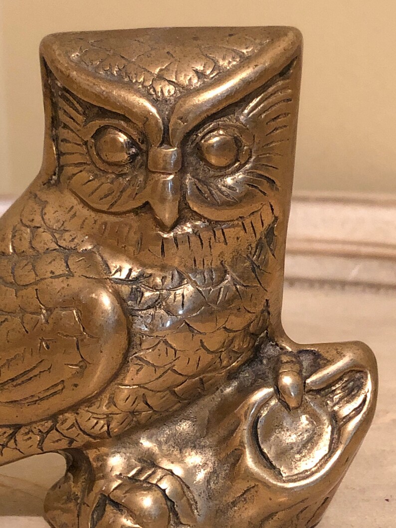 Vintage Brass Owl Figurine Small Gold Owl Sitting on Branch | Etsy