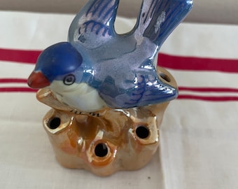 Vintage Blue Bird Lusterware Flower Frog, Made in Japan