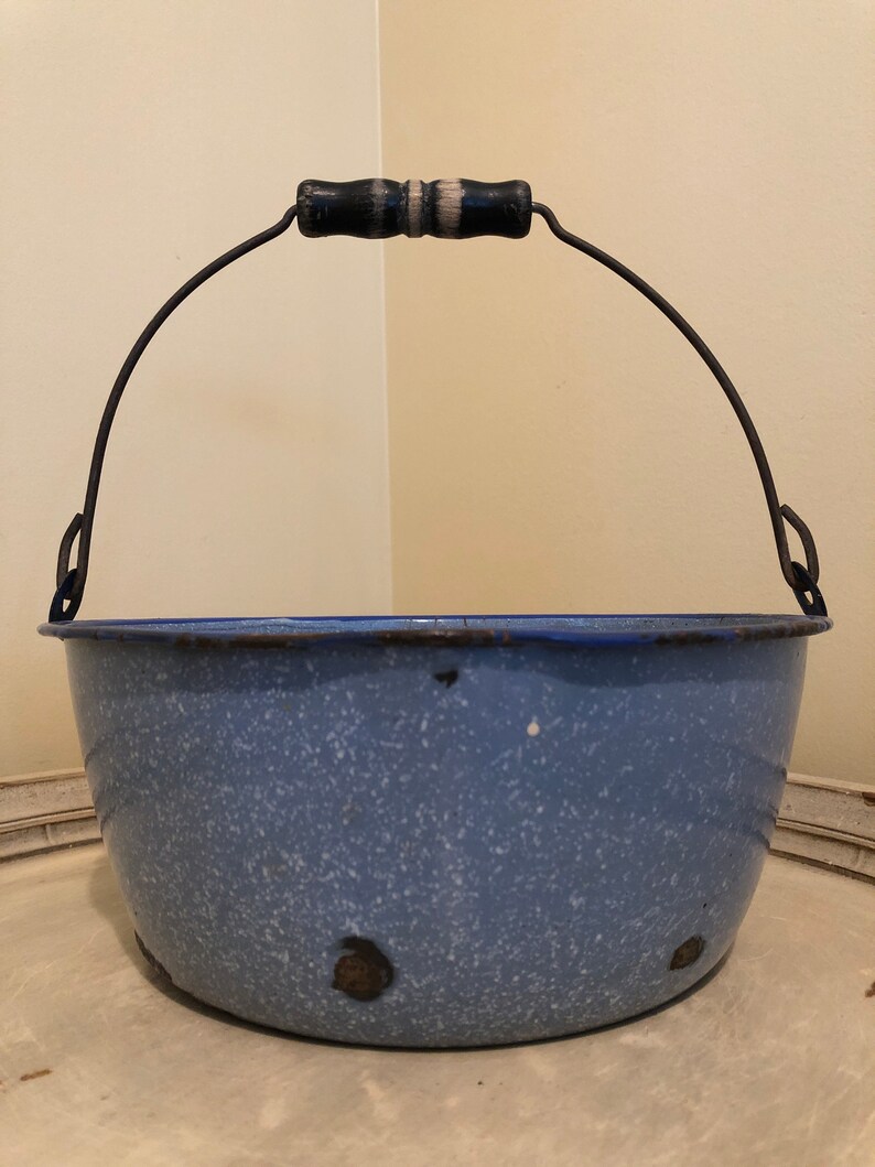 Antique Metal Pail With Wooden Handle Blue and White Colors Etsy