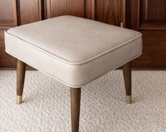 Mid Century Modern Vinyl Ottoman with Wooden Legs