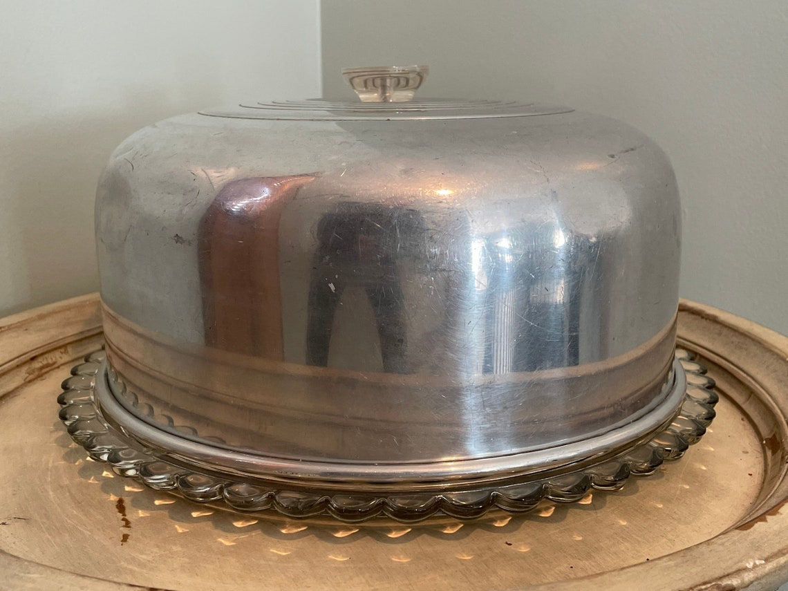 Vintage Glass Cake Plate With Aluminum Lid Etsy