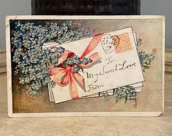 1910 Antique Postcard: To My Sweet Love, Letters with Forget Me Knot Flowers