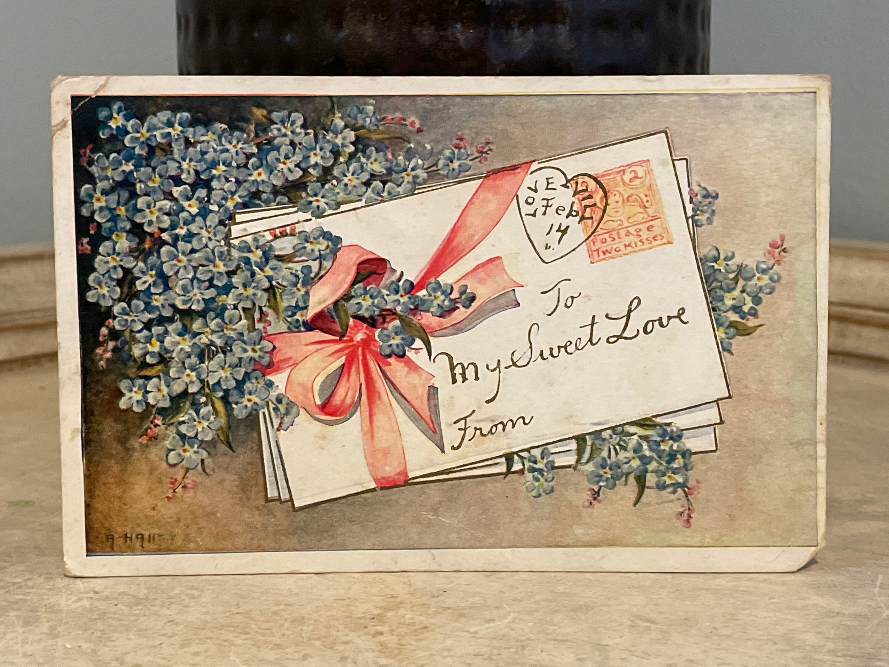 1910 Antique Postcard: to My Sweet Love, Letters With Forget Me