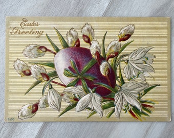 Antique Postcard: Easter Greetings with Purple Egg and White Flowers