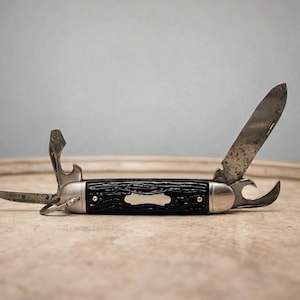 May include: A multi-tool pocket knife with a black textured handle and a silver-colored metal bolster. The knife features several extended steel blades and tools, including a main blade, a bottle opener, and a small screwdriver attachment.