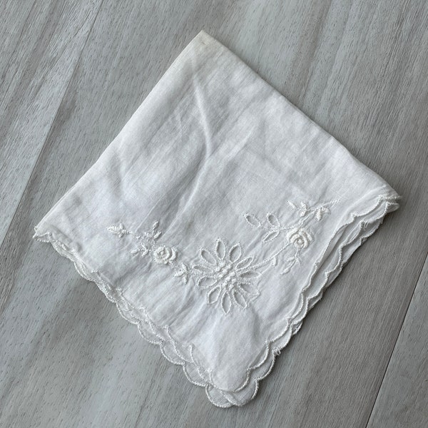 Vintage Handkerchief ~ White with Scalloped Edges and Eyelet Floral Detail