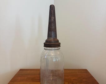Vintage Glass Motor Oil Bottle with Metal Pour Spout, Moore & Kling Inc.
