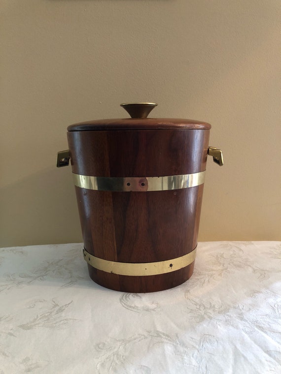 Vintage Ice Bucket Wooden Barrel Shape Mid Century Barware Decor