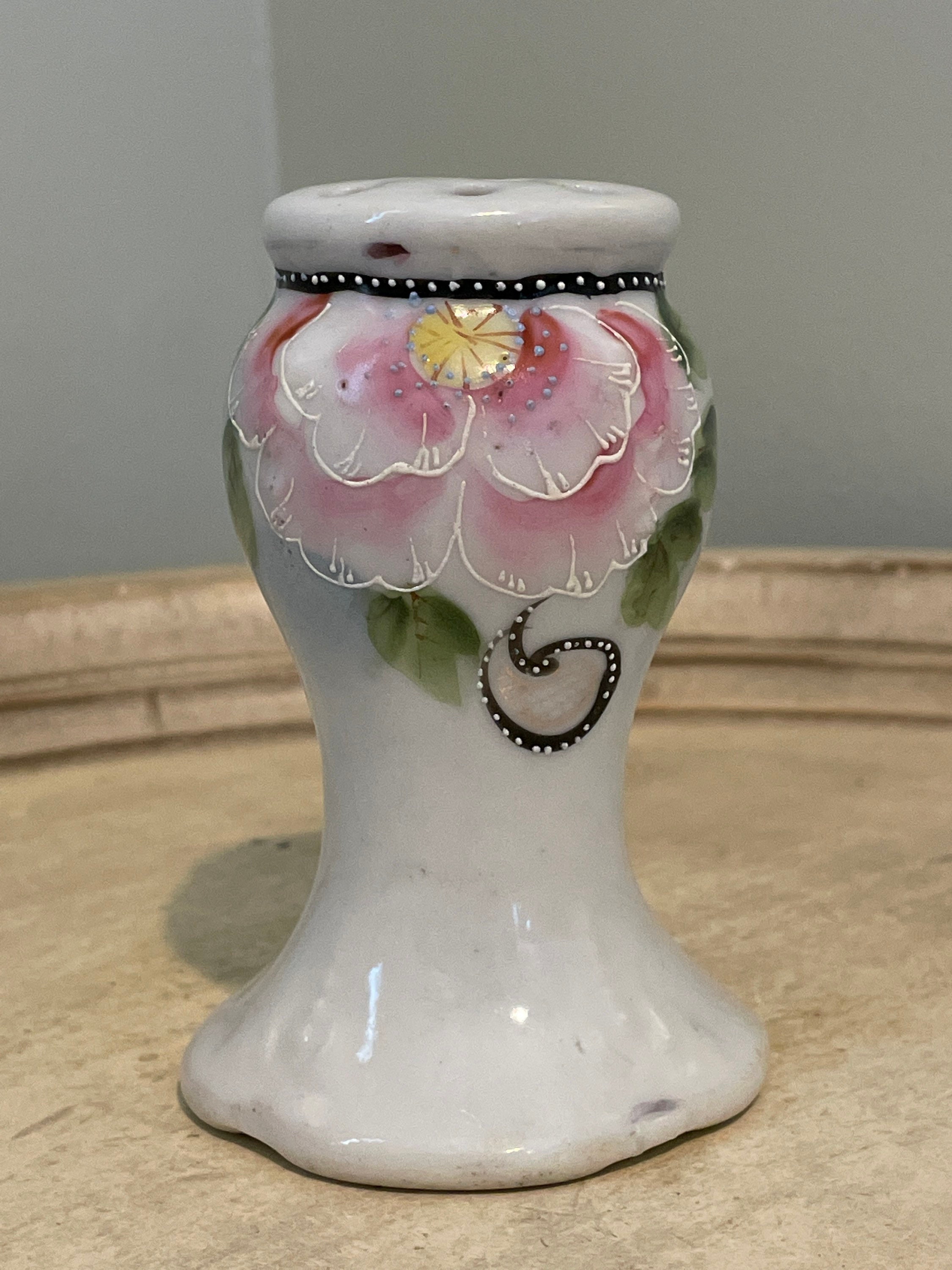 Vintage Hat Pin Holder Unmarked Pink Flowers Gold Trim Rose Floral Design S4 Vintage Porcelain R&S Hat Pin Holder – The Celtic Farm main image 4