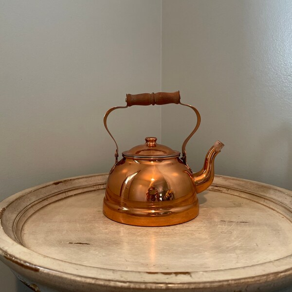 Vintage Copper Teapot or Tea Kettle with Wooden Handle