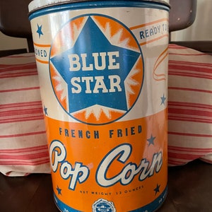 Vintage Blue Star Pop Corn Tin ~ Retro Advertisement ~ 1940&#39;s