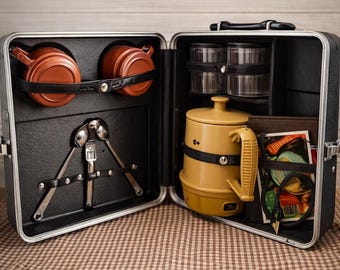 Vintage Platt Portable Picnic Set, Mid‑Century Travel Camping Kit, Hard Plastic in Black Color