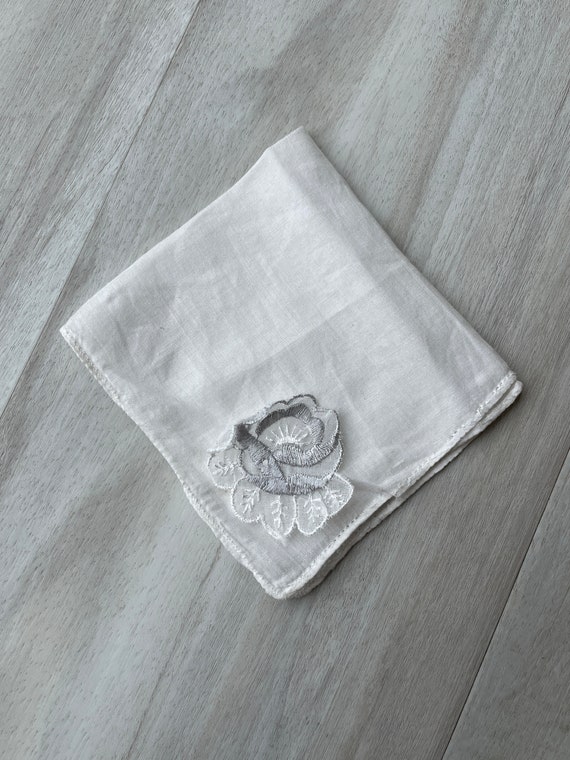Vintage Handkerchief ~ White Linen with Floral App