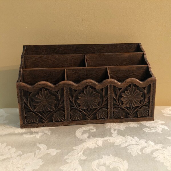 Lerner Organizer Faux Wood with Carved Floral Motif - Vintage Desk Organizer - Home Office Decor #2