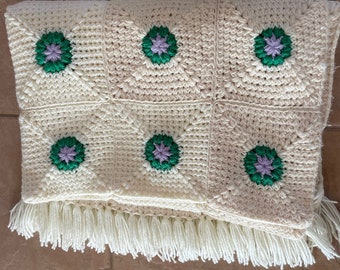 Vintage Afghan in Colors of Off White Green and Purple