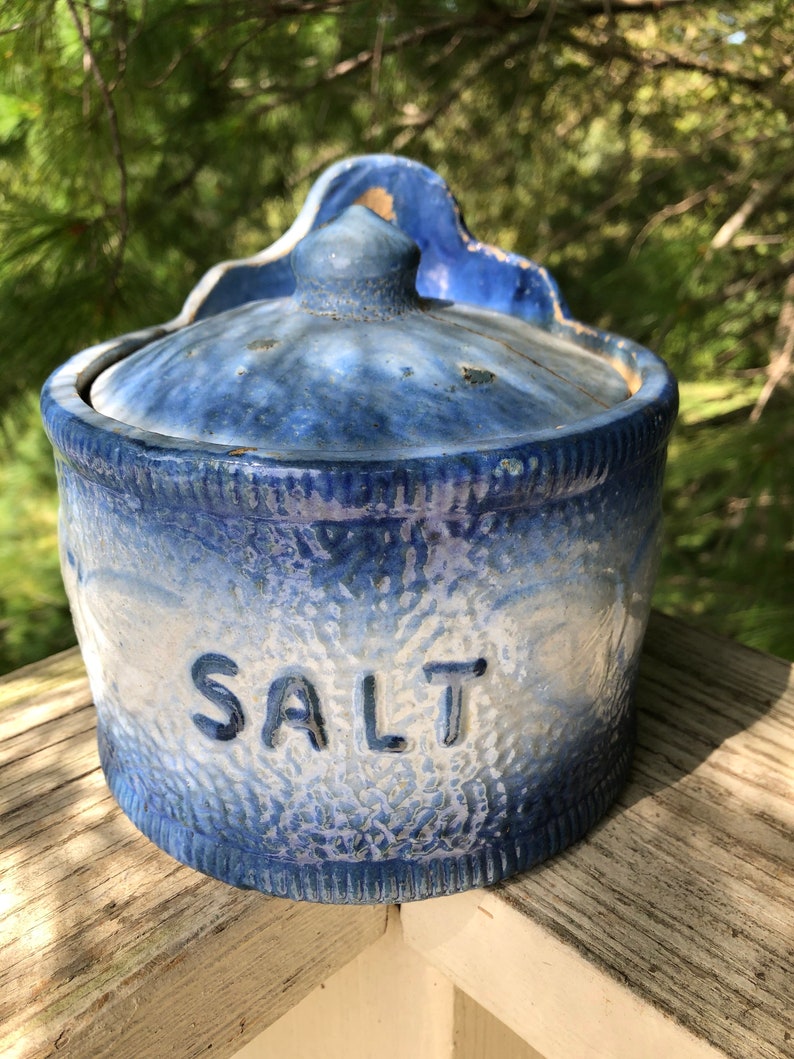 Antique Blue Salt Crock Stoneware Salt Box Etsy