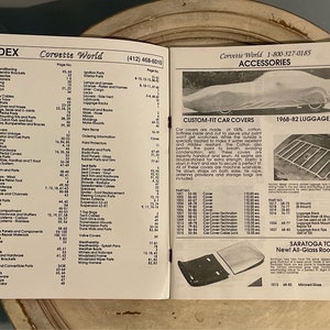 May include: A black and white catalog page for Corvette World, featuring a selection of car accessories. The page includes a section on custom-fit car covers, a 1968-82 luggage rack, and Saratoga Tops new all-glass roof panels. The catalog page also includes an index with a list of parts and their corresponding page numbers.