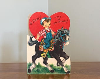 Vintage Valentine's Day Card: Hallmark Card Boy Riding Horse