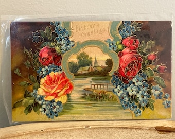 Antique Postcard: Birthday Greetings with Embossed Flowers