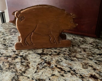 Vintage Napkin Holder ~ Wooden Etched Pig