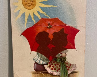 Antique Postcard: Valentine Thoughts, 1915, Boy and Girk Kissing Under Umbrella