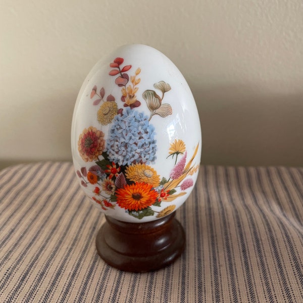 Vintage Ceramic Egg On A Wooden Stand ~ Autumn’s Color by Avon- Poinsettia E. Hoffman