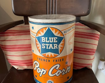 Vintage Blue Star Pop Corn Tin, Rockford Illinois, Retro Advertisement, 1940's