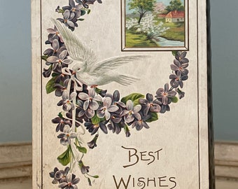 Antique Postcard: Purple Floral Wreath, Dove, Wishes Embossed