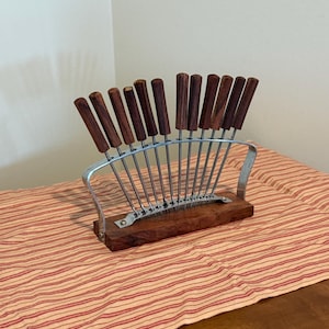 Vintage Appetizer Party Forks with Stand ~ Set of 12 ~ Stainless Steel and Wood ~ Japan