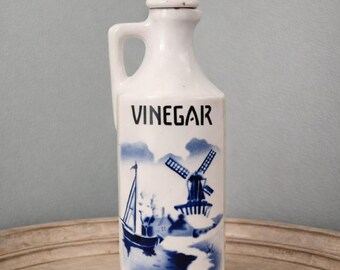 Vintage Delft Blue Ceramic Vinegar Bottle with Dutch Windmill Design, Collectible Pottery