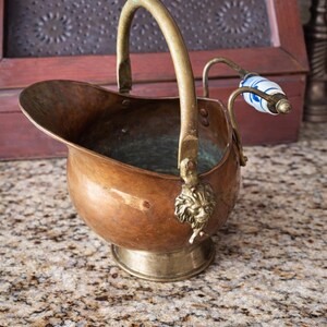 Vintage Coal Scuttle, Made of Copper with Brass Accents and Delft Porcelain Handle, Small in Size, Home Decoration