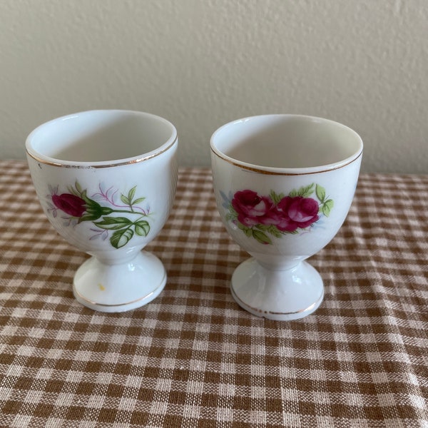 Vintage Egg Cups ~ Set of 2 ~ Rose Detail in Pink and Green Colors ~ #2713N