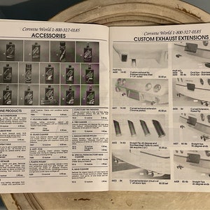May include: A catalog page featuring Corvette World's custom exhaust extensions for Corvette vehicles. The page includes images of different exhaust tip styles, including curved, straight, and oval, as well as descriptions of each style and their prices.