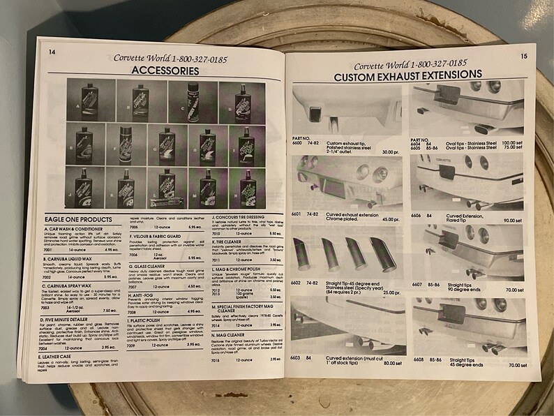 May include: A catalog page featuring Corvette World's custom exhaust extensions for Corvette vehicles. The page includes images of different exhaust tip styles, including curved, straight, and oval, as well as descriptions of each style and their prices.