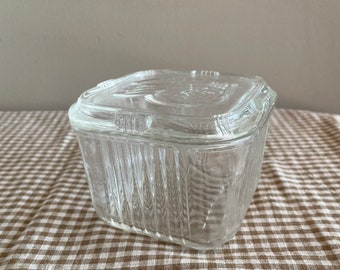 Vintage Fire King Clear Food Storage Dish ~ Ribbed Glass ~ Vegetable Motif
