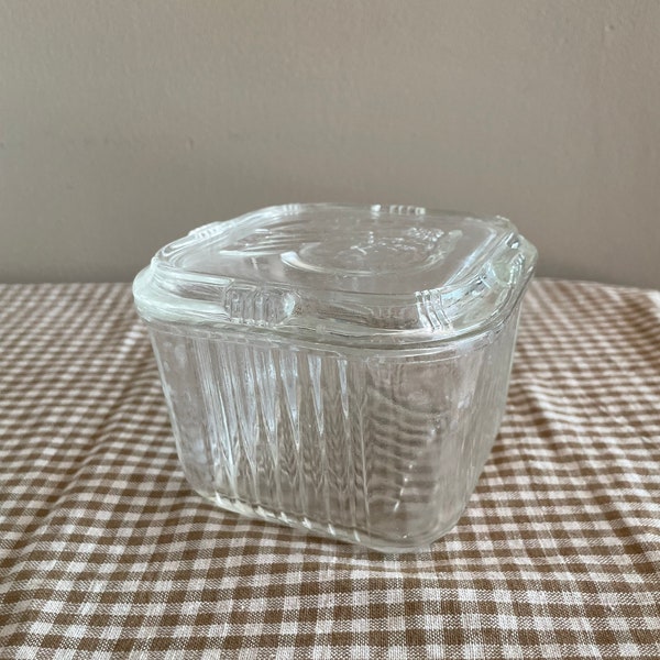 Vintage Fire King Clear Food Storage Dish ~ Ribbed Glass ~ Vegetable Motif