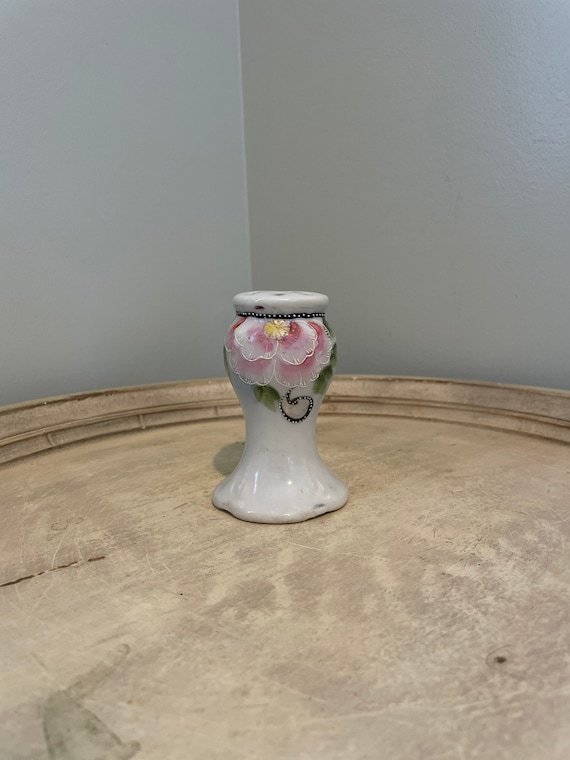 Vintage Hat Pin Holder Unmarked Pink Flowers Gold Trim Rose Floral Design S4 Antique Hand Painted Porcelain Pink Roses Hat Pin Holder  main image 3