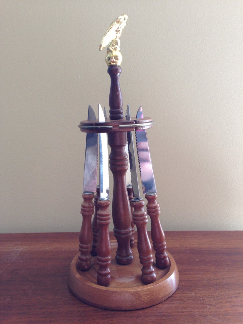 Circular Woodblock Steak Knife Holder With Eagle Cupola Etsy