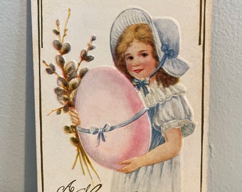 Vintage Postcard: A Happy Easter with Girl Holding an Egg