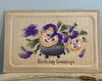 Antique Postcard: Birthday Greetings with Purple Pansies