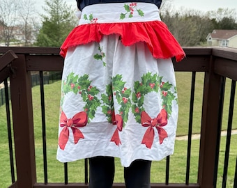 Vintage Half Apron, Christmas Holly Wreath with Red Ruffle