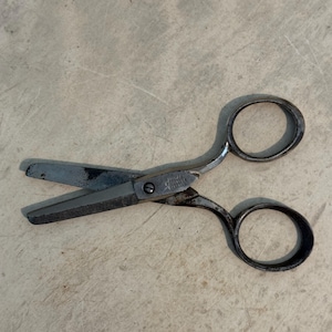 May include: A pair of small, silver-toned scissors with a black handle. The scissors have a slightly worn appearance.
