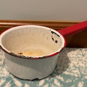 Vintage Enamelware Pot ~ White with Red ~ 6 Inch Diameter