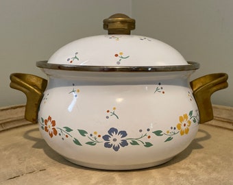 Vintage Enamel Pot with Brass Handles ~ Colorful Floral Design