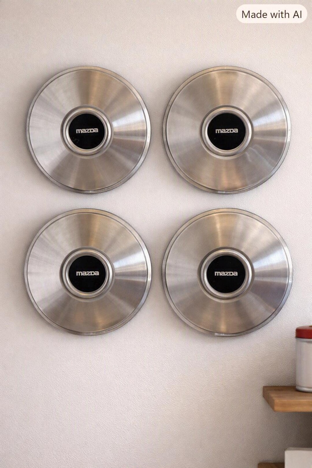 Vintage Mazda Hubcaps Set of 4, Classic Brushed Metal Wheel Covers