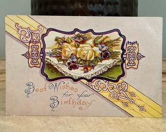 Vintage Birthday Postcard: 1916 St. Louis MO, Purple and Yellow Floral Bouquet