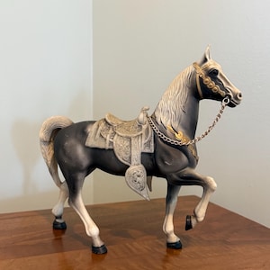 Vintage Horse Figurine ~ Grey Horse with Saddle and Gold Reins ~ Hong Kong