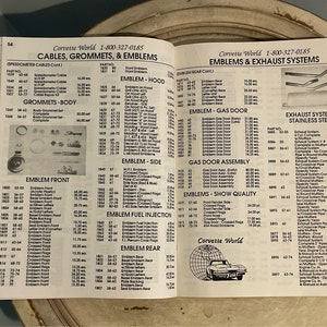 May include: A catalog page for Corvette World, featuring a variety of car parts and accessories, including cables, grommets, emblems, and exhaust systems. The page includes part numbers, descriptions, and prices for each item. The image also includes a small illustration of a Corvette.