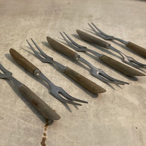 Vintage Appetizer Party Forks ~ Set of 7 ~ Stainless Steel and Wood ~ Japan