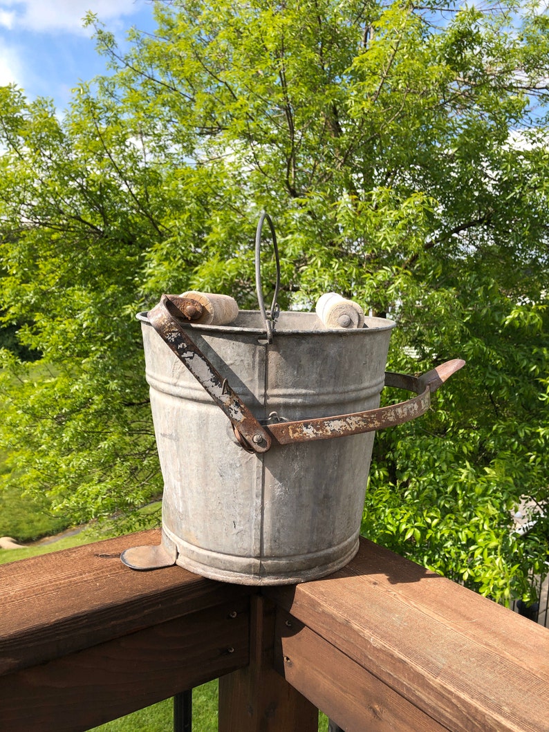 Galvanized Mop Bucket With 2 Wooden Rollers Etsy